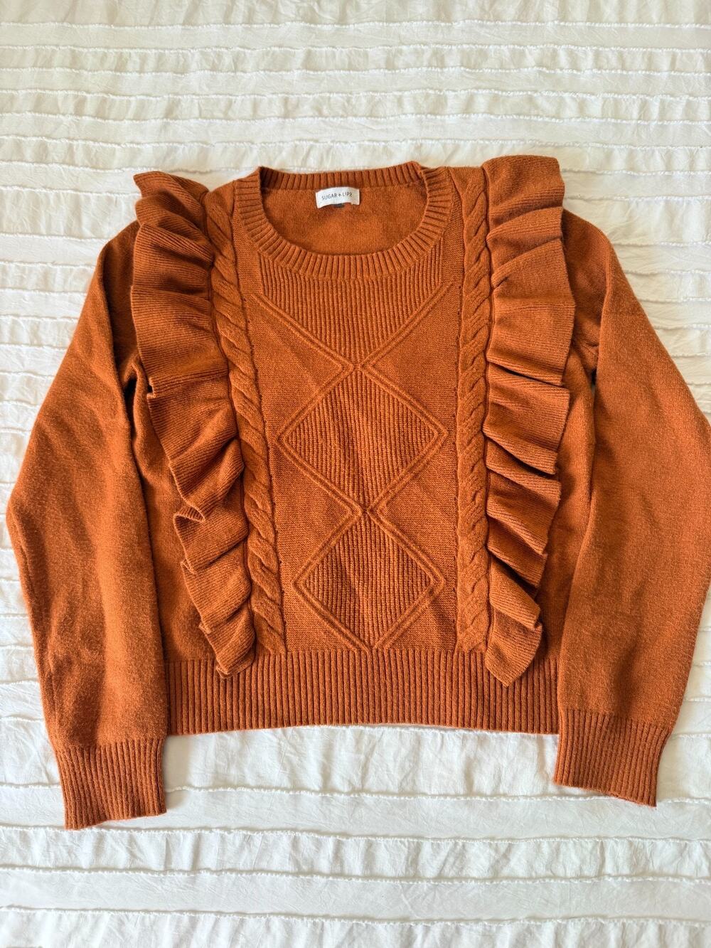Sugar + Lips Rust Ruffle Knit Sweater M